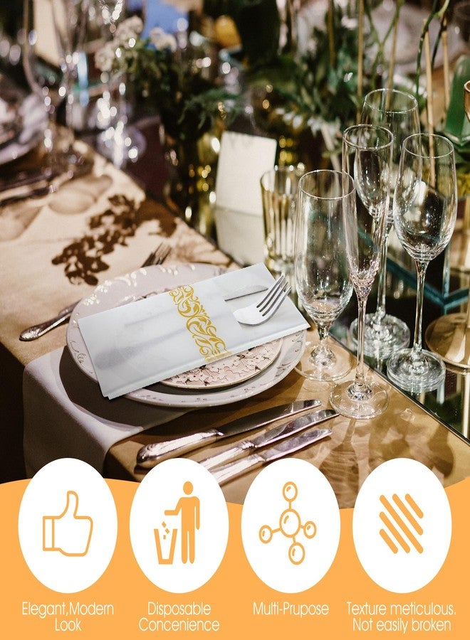 Lemecima 100 Pack White and Gold Napkins Disposable Linen Feel Dinner Napkins with Built-in Flatware Pocket Gold Trim Lined Pre Folded Napkins Cloth for Wedding Dinner Party Events - Image 4